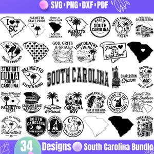 以下が含まれることがあります： SVG、PNG、DXF、PDF形式の、サウスカロライナをテーマにした34のデザインのコレクション。デザインには、州の輪郭、ヤシの木、「Palmetto State Pride」や「South Carolina Boy」などのフレーズが含まれています。
