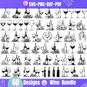 May include: A set of 60 black and white wine-themed illustrations. The illustrations include wine bottles, glasses, grapes, and other wine-related imagery. The illustrations are perfect for use in crafting projects, scrapbooking, or digital design.