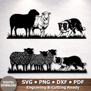 May include: Black and white metal wall art featuring sheep and a border collie dog. The top design shows two sheep and a dog, while the bottom design has three sheep and a dog. The text "Engraving & Cutting Ready" is visible.