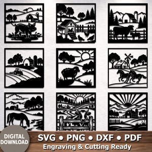 Paquete de archivos SVG de paisajes agrícolas, 9 escenas de granja para corte láser, siluetas de vacas, cerdos, caballos y ovejas, arte mural de graneros rurales, archivos SVG de vida campestre para Glowforge.