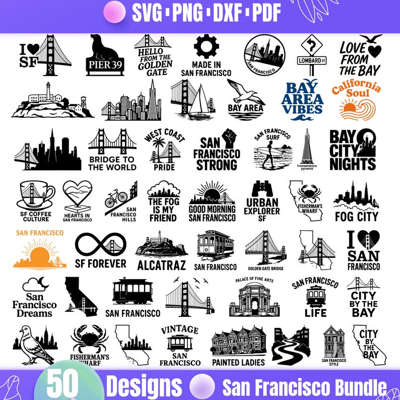 San Francisco SVG Bundle | 50 Bay Area Clipart Designs | Golden Gate ...