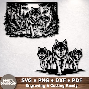 May include: A black metal wall art piece featuring a pack of three wolves in a forest setting, alongside a separate black silhouette graphic of the same three wolves, with text at the bottom reading DIGITAL DOWNLOAD SVG PNG DXF PDF.