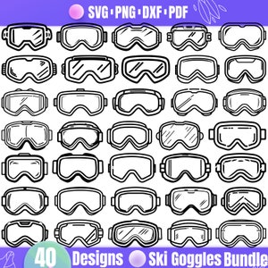 Lot de 40 contours de lunettes de ski - Silhouettes et cliparts de sports d&#39;hiver pour autocollants, décalcomanies, vêtements et sublimation