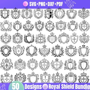 Puede incluir: Un conjunto de 50 diseños de escudos reales en blanco y negro. Los escudos están decorados con coronas, cruces y elementos florales. El texto "50 Designs Royal Shield Bundle" está en la parte inferior de la imagen.