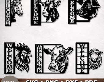 Farm Animals Welcome Sign, Horse Cow Pig Rooster Sheep Goat, CNC Laser Cut Files