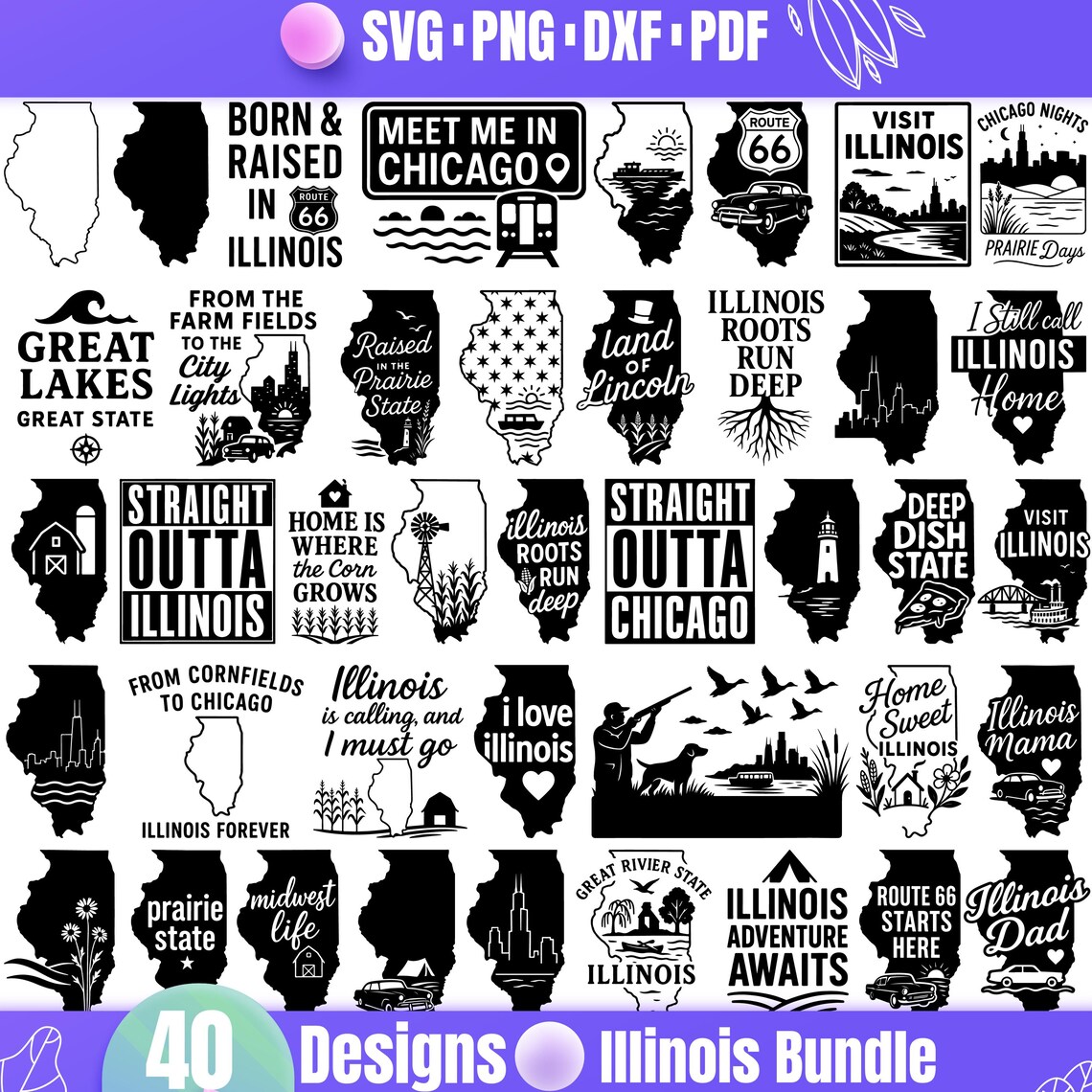 Illinois SVG Bundle | 40 Illinois State Designs | Png, Dxf, Pdf ...