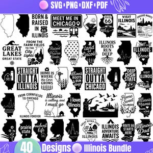 illinois SVG Bündel | 40 Illinois State Designs | Png, Dxf, Pdf | Chicago, Route 66, Bundesstaat Prairie, Cricut Cut Dateien, US Bundesstaat-Zitate