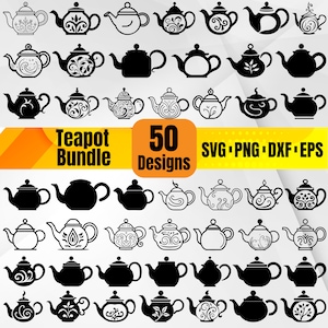 Puede incluir: Un conjunto de 50 diseños de tetera en blanco y negro en formato SVG, PNG, DXF y EPS. Las teteras son de varios estilos, incluyendo liso, floral y geométrico.