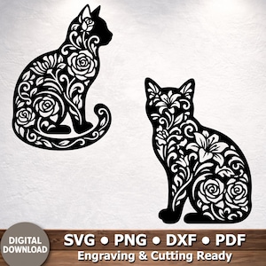 Op de afbeelding: Twee zwarte kat silhouetten met bloemmotieven. Eén kat zit met zijn staart opgerold, de andere staat rechtop. De afbeelding bevat de tekst "DIGITALE DOWNLOAD" en bestandstype-opties: SVG, PNG, DXF en PDF. De tekst "Graveren & Snijden Klaar" is ook aanwezig.
