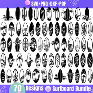 May include: A set of 70 black and white surfboard designs. The designs include palm trees, waves, and other beach-themed elements. The designs are perfect for creating custom t-shirts, mugs, stickers, and other crafts.