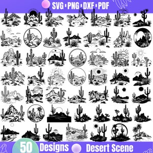 May include: A set of 50 black and white desert scene illustrations. The illustrations feature cacti, mountains, sun, and other desert elements. The text "50 Designs Desert Scene" is at the bottom of the image.