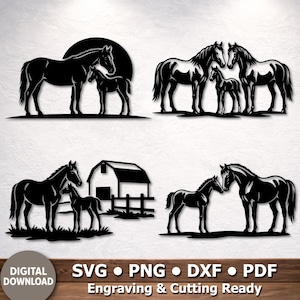 May include: Black metal horse silhouettes in various scenes. One features a mare and foal with a sun, another shows two pairs of horses with a foal, and a third shows a barn. The bottom text reads "DIGITAL DOWNLOAD" and "Engraving & Cutting Ready."
