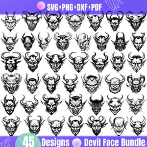 Devil Face SVG Bundle | 45 Horned Demon Head Designs for Tattoos, Cricut, Engraving | Dark Art svg png dxf pdf Clipart