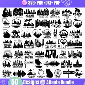 Puede incluir: Una colección de 50 diseños con temática de Atlanta en formatos SVG, PNG, DXF y PDF. Los gráficos en blanco y negro incluyen horizontes de ciudades, monumentos y elementos de texto como "Atlanta", "Peach City" y "ATL Forever".