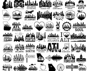 Pacchetto SVG di Atlanta / 50 disegni clipart di città della Georgia / Vettore di Peach City e Southern Skyline / Atlanta Strong / Cuore del Sud