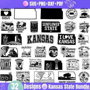 May include: A bundle of 32 Kansas-themed designs in SVG, PNG, DXF, and PDF formats. The black and white graphics include state outlines, sunflowers, tornadoes, and phrases like "Sunflower State" and "Kansas Dad."