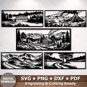 May include: Five black metal wall art panels depicting landscapes. Scenes include a bridge, a volcano, a cabin, a mountain road, and a forest path. The text "DIGITAL DOWNLOAD" and file type options are visible. Each piece is a detailed silhouette.