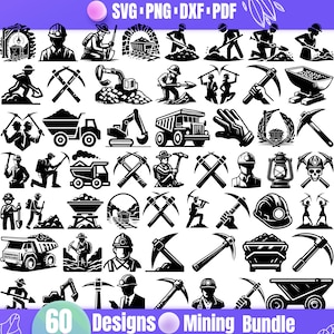 Könnte beinhalten: Ein Set mit 60 Schwarzweiß-Designs zum Thema Bergbau im SVG-, PNG-, DXF- und PDF-Format. Die Designs beinhalten Bergleute, Spitzhacken, Schaufeln, Karren, Lampen und andere Bergbauausrüstung.