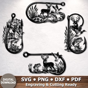 May include: Black metal wall art featuring deer, fish, and ducks within a hook shape. The designs include mountain and water elements. The text "SVG • PNG • DXF • PDF Engraving & Cutting Ready" is at the bottom.