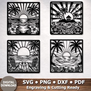 May include: A set of four square black laser-cut designs featuring tropical beach scenes with palm trees, sunbursts, and hibiscus flowers. The designs include a sunset over water, an island hut, beach chairs with drinks, and a hammock.
