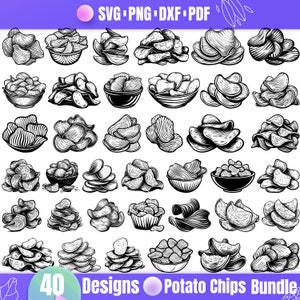 40 Designs Potato Chips Bundle SVG | Crispy Snack Clipart | Potato Chip Bowl & Pile Digital Download | Cricut Silhouette Files