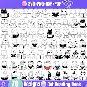 High Quality Cat Reading Book SVG Bundle, Cat with book clipart, Cat reading book png, Cat reading book dxf, Cat and book svg, Reading cat