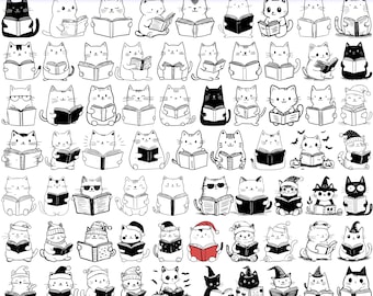 High Quality Cat Reading Book SVG Bundle, Cat with book clipart, Cat reading book png, Cat reading book dxf, Cat and book svg, Reading cat