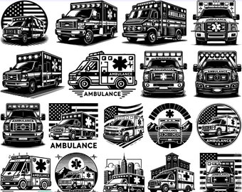 May include: A set of 20 black and white ambulance designs. The designs feature different ambulance vehicles, including a side view, front view, and a few with a mountain scene in the background. The text "20 Designs Ambulance Bundle" is at the bottom of the image.
