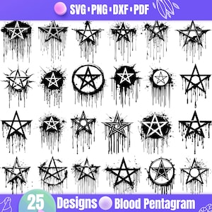 May include: 25 black and white pentagram designs with dripping paint effects. The designs are in a variety of styles, including a circle with a pentagram inside, a pentagram with a star inside, and a pentagram with a circle around it.
