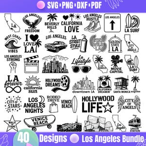 May include: A collection of 40 Los Angeles-themed designs in black and white, including icons of the Hollywood sign, palm trees, surfboards, and the text "Los Angeles". The designs are available in SVG, PNG, DXF, and PDF formats.