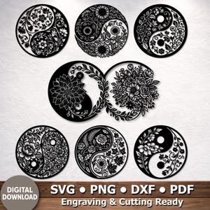 May include: Black and white Yin Yang designs with floral patterns. The image shows seven circular cutouts, each with intricate flower and leaf details. Text at the bottom reads "DIGITAL DOWNLOAD" and file type options.