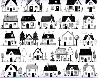 May include: A set of 25 black and white illustrations of Scandinavian style houses. The houses are drawn in a simple, doodle-like style and feature various details such as chimneys, windows, and doors. The illustrations are perfect for use in crafting projects, scrapbooking, or digital design.