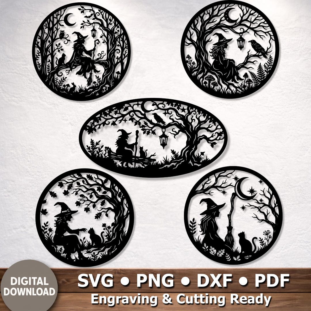 Witch and Cat SVG Bundle, Halloween Forest Moon Wall Art Laser Cut File ...