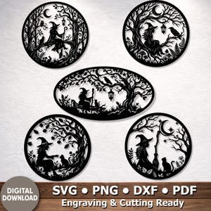 May include: A collection of five black laser-cut designs featuring silhouettes of witches, cats, trees, lanterns, and crescent moons. The set includes four circular frames and one oval frame, all presented as digital files for engraving and cutting.