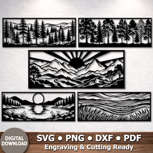Puede incluir: Una colección de cinco piezas de arte mural cortadas con láser en negro que representan varias escenas de la naturaleza. Los diseños incluyen bosques, montañas, una puesta de sol, un lago y hierba alta. La esquina inferior izquierda de la imagen tiene las palabras "DIGITAL DOWNLOAD".