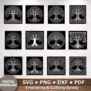 May include: Twelve black and white Celtic tree of life designs are displayed. Each square features a unique, intricate tree illustration. The bottom of the image includes the text "DIGITAL DOWNLOAD" and file type options: SVG, PNG, DXF, and PDF.