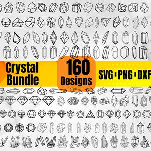 以下が含まれることがあります： SVG、PNG、DXF、EPS 形式の 160 個の白黒のクリスタルデザインのセット。デザインには、ダイヤモンド、宝石、その他の幾何学的な形など、さまざまな形とサイズのクリスタルが含まれています。