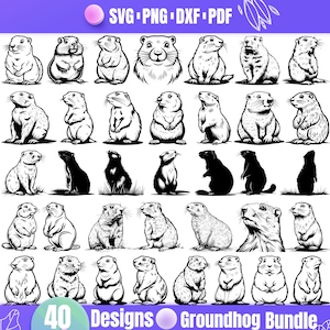 May include: A set of 40 black and white groundhog illustrations in various poses. The illustrations are ideal for crafting projects, scrapbooking, and digital design.