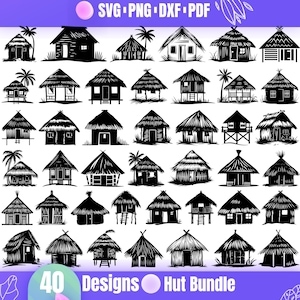 Op de afbeelding: Een set van 40 zwart-witte hut silhouetontwerpen. De ontwerpen zijn in verschillende stijlen, waaronder traditioneel, modern en eigenzinnig. De ontwerpen zijn perfect voor gebruik in knutselen, scrapbooking en andere creatieve projecten.