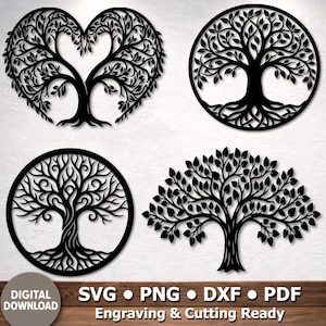 Op de afbeelding: Vier zwarte boomontwerpen voor digitale download. De ontwerpen omvatten een hartvormige boom, een cirkelvormige boom, een boom in een cirkel en een boom met een brede kruin. De onderkant van de afbeelding bevat de tekst "DIGITALE DOWNLOAD" en bestandstype-opties.