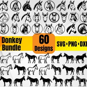 May include: A set of 60 black and white donkey illustrations. The illustrations include both headshots and full-body images of donkeys. The text "Donkey Bundle 60 Designs SVG PNG DXF EPS" is displayed at the bottom of the image.