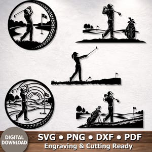 Puede incluir: Arte de pared de metal negro con temática de golf que presenta siluetas de golfistas en acción. Los diseños incluyen golfistas balanceando palos, bolsas de golf, banderas y pelotas de golf. También están presentes las palabras "DESCARGA DIGITAL" y abreviaturas de tipos de archivo.