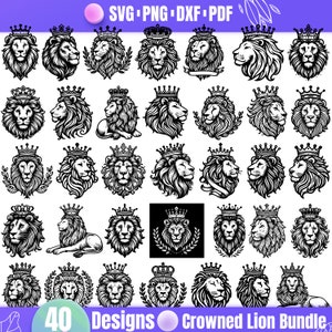 高品質の王冠をつけたライオン SVG バンドル、王冠をつけたライオン dxf、王冠をつけたライオン png、王冠をつけたライオン ベクトル、ライオン クリップアート、ライオン ヘッド svg、王冠をつけたライオン