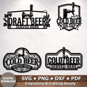 May include: Four black graphic designs featuring beer tap handles and text. The designs include the phrases DRAFT BEER SERVED HERE, COLD BEER ON TAP, and COLD BEER SERVED HERE. The graphics are stylized with hop and wheat motifs, suitable for digital download.