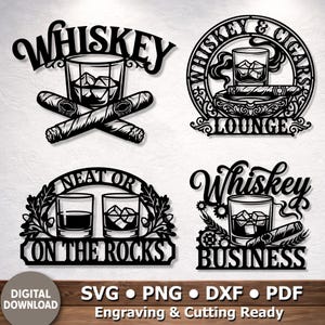 Può includere: Quattro design a silhouette nera con bicchieri da whisky, sigari e testo. I design includono le frasi WHISKEY, WHISKEY & CIGARS LOUNGE, NEAT OR ON THE ROCKS e WHISKEY BUSINESS. Si tratta di file digitali pronti per l'incisione e il taglio.