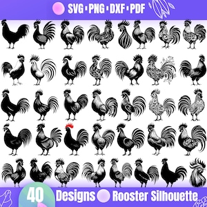May include: 40 black and white rooster silhouette designs. The roosters are in various poses, some with detailed feathers and some with a more simple design.