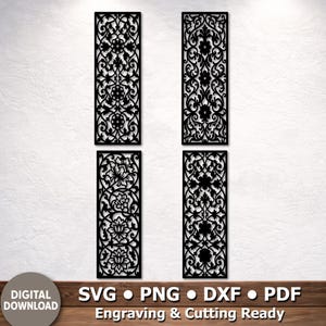 May include: Four black decorative panels with intricate floral and scrollwork designs. The panels are rectangular and feature a cut-out pattern. Text at the bottom reads "SVG • PNG • DXF • PDF Engraving & Cutting Ready".