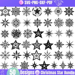 Może przedstawiać: Kolekcja 50 czarno-białych wzorów gwiazd bożonarodzeniowych. Obraz zawiera kształty gwiazd, płatki śniegu i rozbłyski gwiazd. Tekst u góry to "SVG PNG DXF PDF", a na dole "50 Designs Christmas Star Bundle".