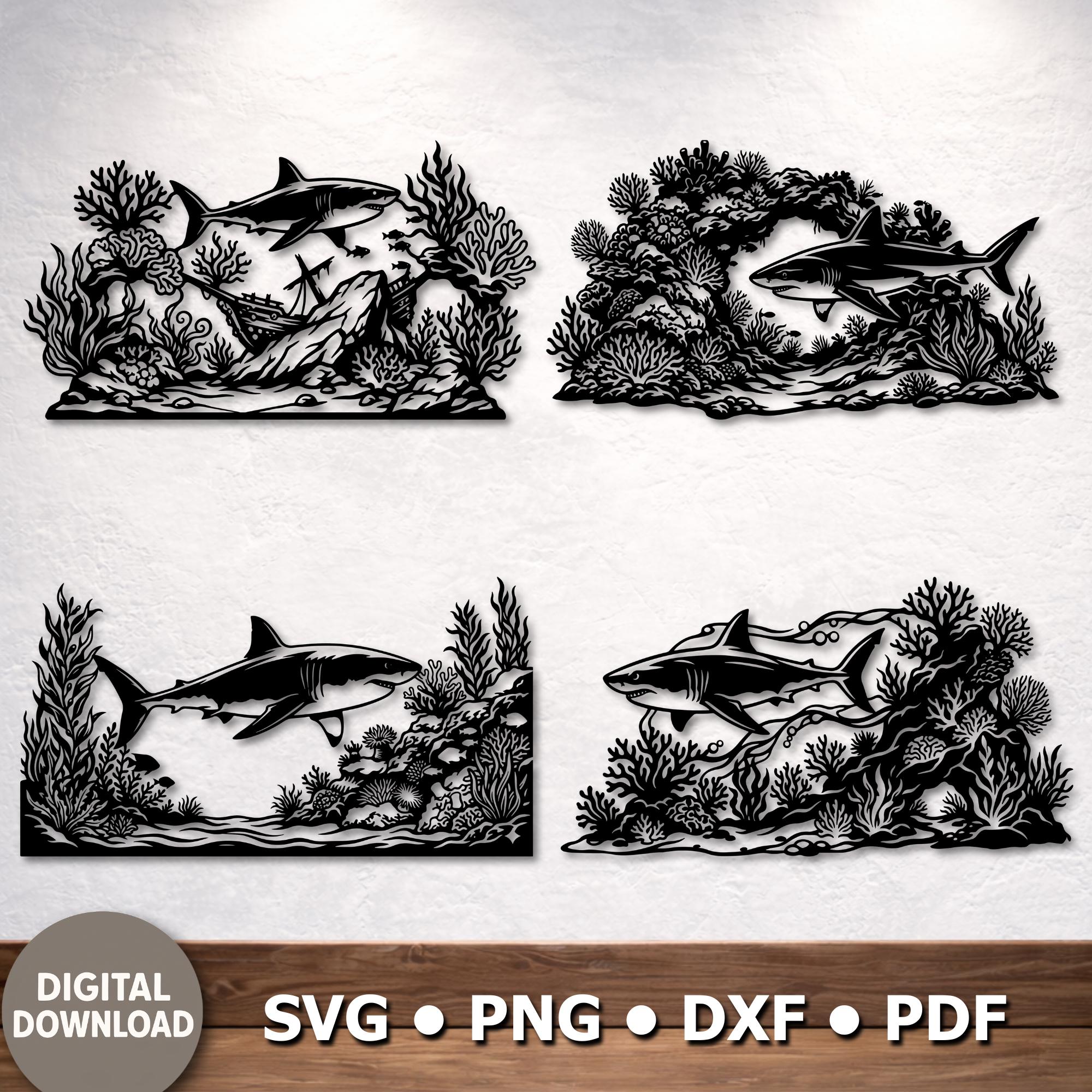 Ocean Scene SVG DXF – Shark & Coral Reef Silhouette, Tropical Cut Files ...