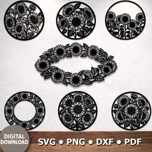 Könnte beinhalten: Schwarze, lasergeschnittene Sonnenblumen-Designs in verschiedenen Formen. Enthält kreisförmige und ovale Rahmen, die jeweils mit detaillierten Sonnenblumen- und Blättermustern gefüllt sind. Das Bild enthält auch den Text "DIGITALER DOWNLOAD" und Dateitypoptionen.